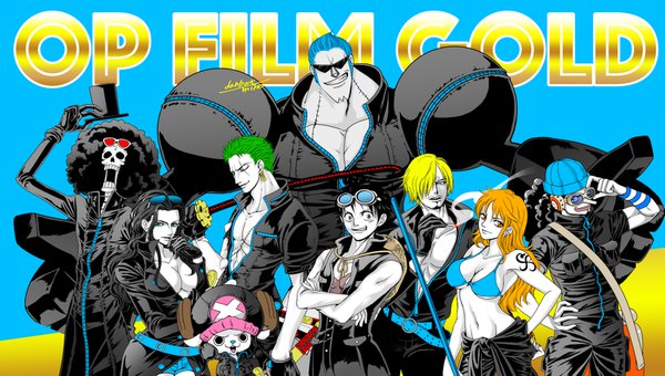 Anime picture 1505x854 with one piece one piece film: gold toei animation nami (one piece) monkey d. luffy nico robin roronoa zoro sanji tony tony chopper usopp franky brook (one piece) danbat miho long hair looking at viewer fringe short hair breasts open mouth blue eyes