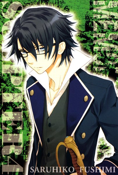 Anime picture 2000x2956 with k-project gohands (studio) fushimi saruhiko single tall image looking at viewer highres short hair blue eyes black hair inscription boy weapon glasses