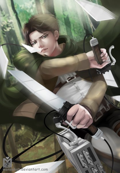 Anime picture 838x1200 with shingeki no kyojin production i.g levi (rivaille) monsohot single tall image short hair black hair holding green eyes inscription dual wielding frown broken boy uniform weapon sword tree (trees) cape
