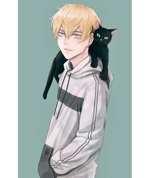 Anime picture 2156x2550 with tokyo revengers matsuno chifuyu 0cat single tall image fringe highres short hair blue eyes simple background blonde hair hair between eyes looking away upper body hand in pocket animal on shoulder aqua background pillarboxed boy animal