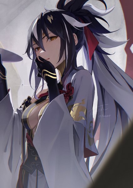 Anime picture 1447x2047 with fate (series) fate/grand order nagao kagetora (fate) uesugi kenshin (fate) uesugi kenshin (third ascension) (fate) fomnant single long hair tall image looking at viewer fringe breasts light erotic black hair hair between eyes yellow eyes white hair ponytail multicolored hair two-tone hair