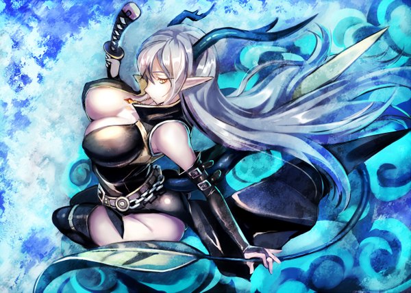 Anime picture 1239x885 with original ryuuzaki ichi single long hair breasts light erotic large breasts yellow eyes silver hair tail profile horn (horns) pointy ears floating hair blue background girl thighhighs gloves weapon sword