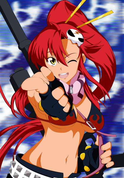 Anime picture 2851x4080 with tengen toppa gurren lagann gainax yoko littner b-diamond single long hair tall image looking at viewer highres open mouth light erotic smile yellow eyes ponytail red hair one eye closed wink bare belly vector pointing