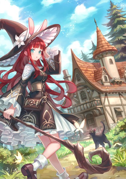Anime picture 1771x2500 with original zoff (daria) single long hair tall image looking at viewer blush fringe highres breasts open mouth standing holding animal ears payot sky cloud (clouds) bent knee (knees) outdoors red hair