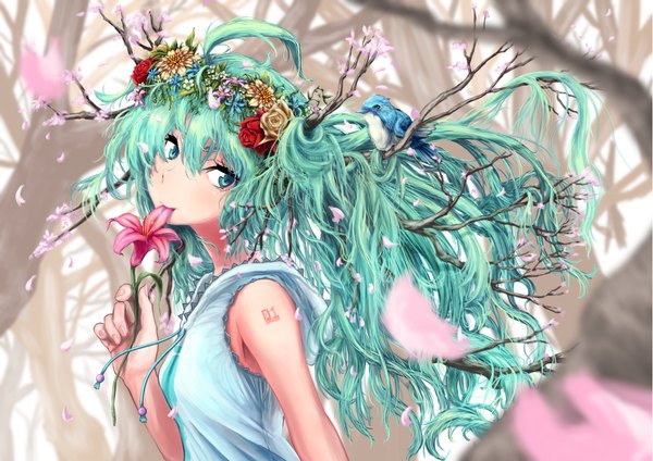 Anime picture 2339x1654 with vocaloid hatsune miku jino454649boy single long hair fringe highres breasts holding looking away ahoge aqua eyes aqua hair sleeveless mouth hold bare tree flower in mouth girl flower (flowers) plant (plants)