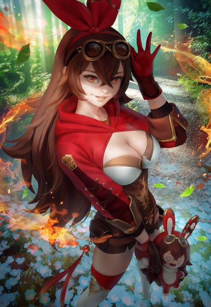 Anime picture 2756x4000 with genshin impact amber (genshin impact) baron bunny (genshin impact) zarory single long hair tall image fringe highres breasts light erotic smile hair between eyes brown hair large breasts standing holding brown eyes payot cleavage
