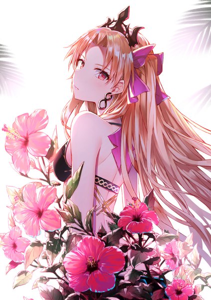 Anime picture 595x842 with fate (series) fate/grand order ereshkigal (fate) hakuishi aoi single long hair tall image looking at viewer blush fringe simple background blonde hair red eyes white background upper body looking back wind two side up alternate costume girl
