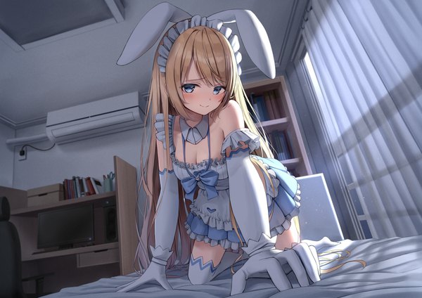 Anime picture 6614x4677 with original superpig (wlstjqdla) single long hair looking at viewer blush fringe highres breasts blue eyes blonde hair smile bare shoulders animal ears absurdres indoors from below maid bunny ears fake animal ears