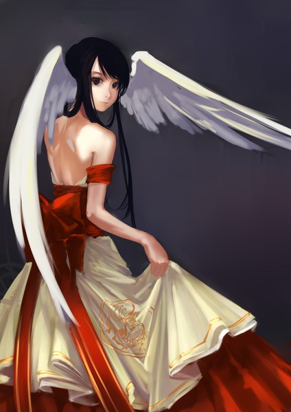 Anime picture 2480x3507 with samanta single tall image looking at viewer blush highres black hair simple background smile bare shoulders looking back black eyes grey background turning head angel wings girl dress wings