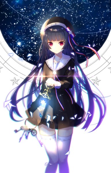 Anime picture 896x1392 with original yusano single long hair tall image looking at viewer black hair red eyes standing holding :o zettai ryouiki floating hair constellation girl thighhighs dress hair ornament white thighhighs headdress