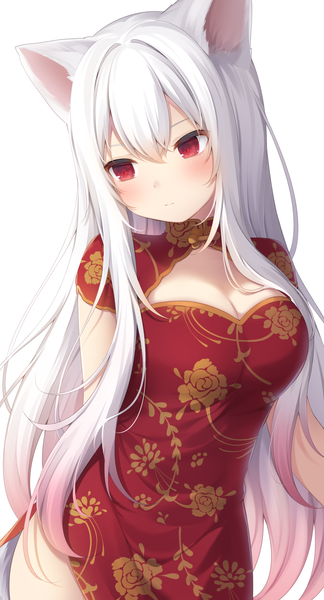 Anime picture 1000x1852 with original nachi single long hair tall image blush fringe breasts simple background hair between eyes red eyes standing white background animal ears cleavage white hair traditional clothes cat ears cat girl floral print