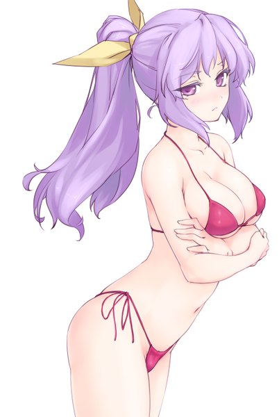 Anime picture 1010x1507 with touhou watatsuki no yorihime rokuwata tomoe single long hair tall image looking at viewer blush breasts light erotic simple background large breasts white background purple eyes purple hair ponytail crossed arms girl bow swimsuit