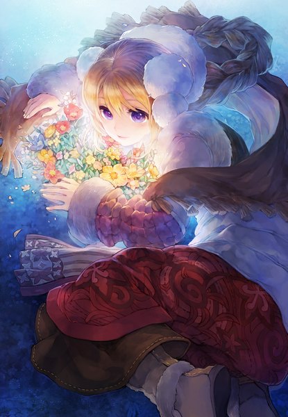 Anime picture 739x1068 with original hakou (barasensou) single long hair tall image blonde hair purple eyes looking away braid (braids) girl flower (flowers) boots cape winter clothes