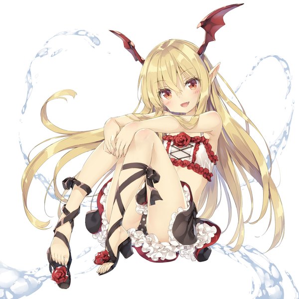 Anime picture 1080x1080 with granblue fantasy vampy kani biimu single long hair looking at viewer blush open mouth light erotic simple background blonde hair smile white background bare shoulders brown eyes pointy ears fang (fangs) polka dot head wings vampire