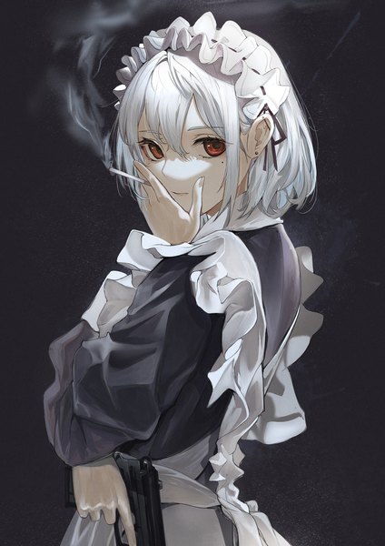 Anime picture 1488x2105 with original marumoru single tall image looking at viewer fringe short hair simple background hair between eyes red eyes silver hair upper body mole maid mole under eye piercing black background ear piercing smoke smoking