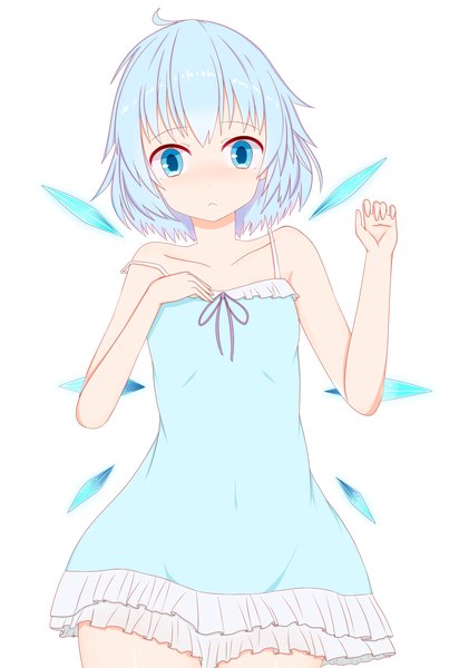 Anime picture 2200x3200 with touhou cirno shikabane homura single tall image fringe highres short hair blue eyes white background bare shoulders blue hair upper body ahoge sleeveless flat chest :< girl dress wings