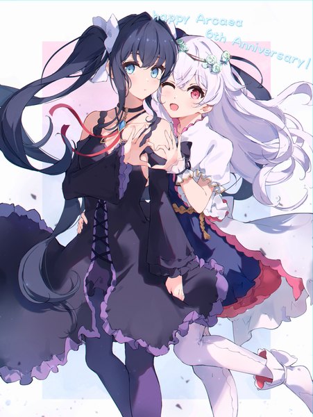 Anime picture 2820x3750 with arcaea tairitsu (arcaea) hikari (arcaea) bai-hyacinth long hair tall image looking at viewer fringe highres open mouth blue eyes black hair smile red eyes standing twintails bare shoulders multiple girls payot bent knee (knees)