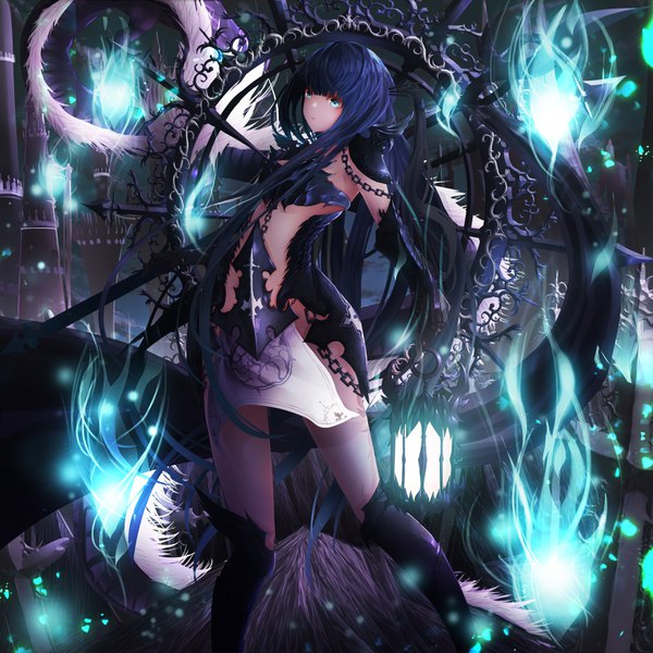 Anime picture 3500x3500 with original momingie single fringe highres blue eyes light erotic blue hair looking away absurdres blunt bangs very long hair girl chain flame