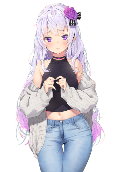 Anime picture 706x1000 with original agnamore single long hair tall image looking at viewer blush fringe breasts simple background standing white background purple eyes bare shoulders payot silver hair long sleeves hair flower off shoulder midriff