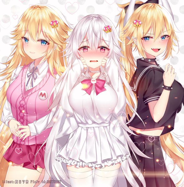 Anime picture 2511x2554 with super mario bros. new super mario bros. u deluxe bowsette princess king boo princess peach junpaku karen long hair tall image blush fringe highres breasts open mouth blue eyes simple background blonde hair smile hair between eyes large breasts standing