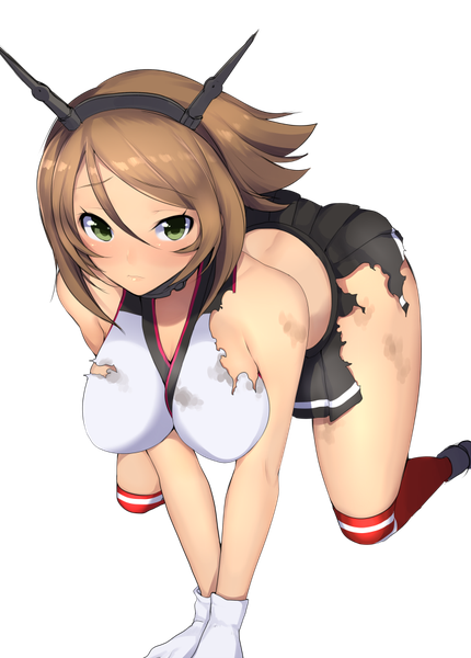 Anime picture 650x906 with kantai collection mutsu battleship matarou (genkai toppa) single tall image looking at viewer blush short hair breasts light erotic brown hair large breasts standing bare shoulders green eyes pleated skirt grey background kneeling torn clothes transparent background