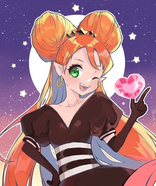 Anime picture 4568x5448 with starry sky sugar sugar rune studio pierrot chocolat meilleure kareimochi single long hair tall image looking at viewer blush fringe highres open mouth smile green eyes absurdres one eye closed pointy ears wink orange hair