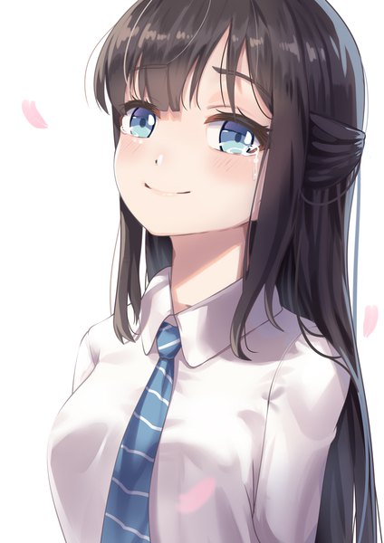 Anime picture 992x1403 with original too-ye single long hair tall image looking at viewer blush fringe blue eyes black hair simple background smile white background payot upper body blunt bangs tears portrait half updo crying