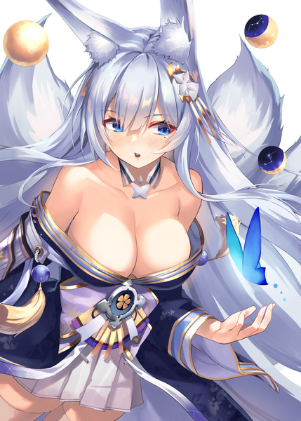 Anime picture 1000x1397 with azur lane shinano (azur lane) shimozuki shio single long hair tall image blush fringe breasts open mouth blue eyes light erotic simple background hair between eyes large breasts standing white background bare shoulders animal ears looking away