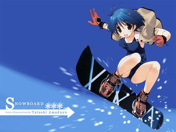 Anime picture 1024x768 with amazuyu tatsuki blue hair gloves swimsuit snowboard