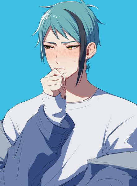 Anime picture 700x950 with twisted wonderland jade leech dodoss dont single tall image blush short hair simple background upper body multicolored hair aqua hair embarrassed streaked hair heterochromia blue background sweatdrop hand to mouth boy single earring