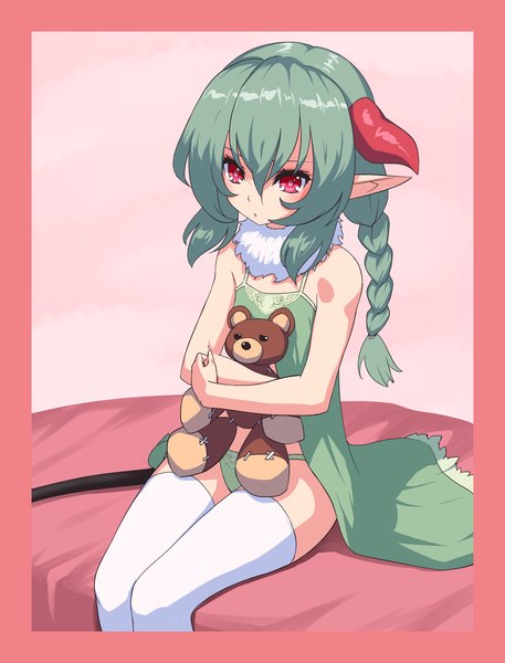 Anime picture 1600x2100 with original bochi (pixiv id392759) single long hair tall image light erotic red eyes horn (horns) green hair pointy ears girl thighhighs underwear panties white thighhighs toy stuffed animal