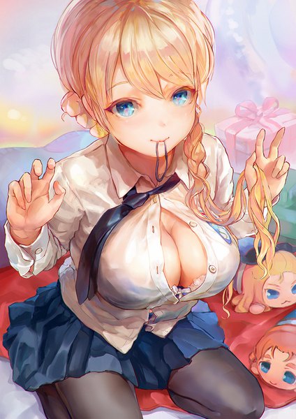 Anime picture 820x1160 with girls und panzer darjeeling (girls und panzer) orange pekoe assam tocope single long hair tall image looking at viewer blush fringe breasts blue eyes light erotic blonde hair hair between eyes large breasts sitting holding full body