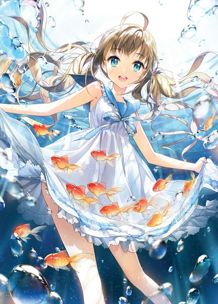 Anime picture 800x1113 with original salt (salty) single long hair tall image looking at viewer open mouth blue eyes brown hair twintails ahoge underwater dress lift girl dress animal white dress sundress bubble (bubbles) fish (fishes)