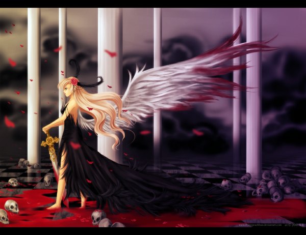 Anime picture 1050x810 with tagme (copyright) flyingpeachbun single long hair blue eyes blonde hair signed sky profile hair flower checkered floor girl dress hair ornament flower (flowers) petals sword wings blood feather (feathers)