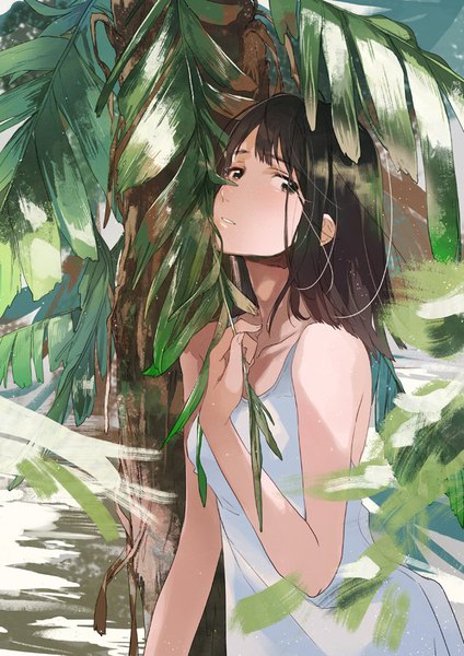 Anime picture 636x900 with original fly (marguerite) single long hair tall image looking at viewer brown hair standing bare shoulders brown eyes outdoors girl dress plant (plants) tree (trees) white dress leaf (leaves) sundress