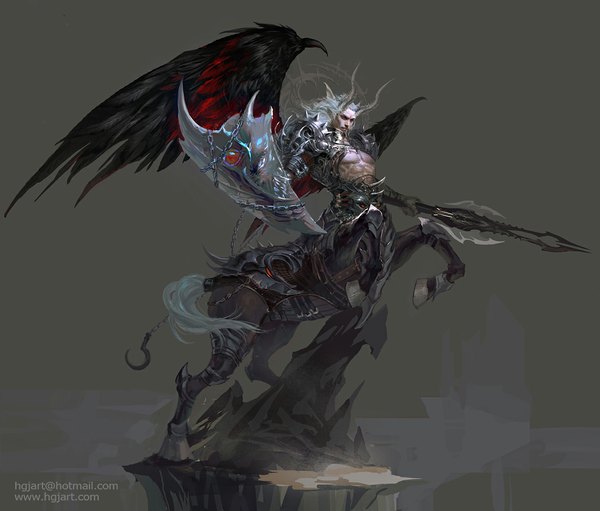 Anime picture 1174x1000 with hgjart single long hair simple background red eyes horn (horns) pointy ears grey hair realistic inscription grey background black wings rock monster boy boy weapon wings armor chain monster