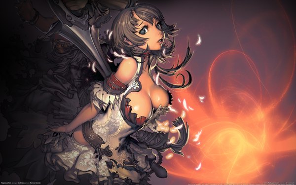 Anime picture 2560x1600 with magna carta 2 magna carta zephie kim hyung tae long hair looking at viewer highres short hair breasts open mouth blue eyes light erotic black hair brown hair wide image large breasts cleavage pleated skirt black eyes inscription