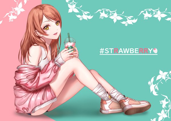 Anime picture 2046x1447 with idolmaster idolmaster cinderella girls starbucks houjou karen maou (demonlord) single long hair looking at viewer fringe highres brown hair sitting yellow eyes full body bent knee (knees) nail polish open jacket lipstick pink lipstick aqua background