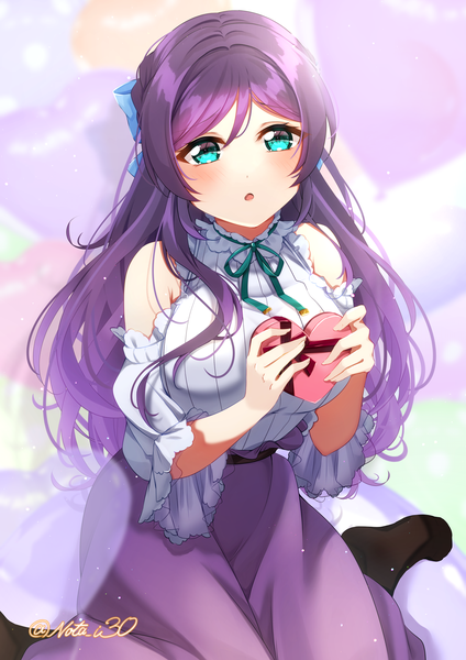 Anime picture 3541x5016 with love live! school idol project sunrise (studio) love live! toujou nozomi nota ika single long hair tall image looking at viewer blush highres sitting signed absurdres purple hair aqua eyes :o twitter username wariza valentine