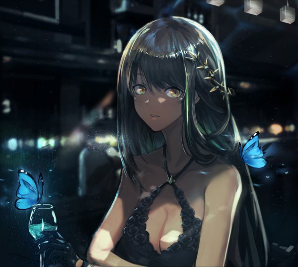 Anime picture 1342x1200 with girls frontline m4a1 (girls frontline) mai (xskdizzy) single long hair looking at viewer blush fringe breasts light erotic hair between eyes brown hair large breasts sitting yellow eyes cleavage indoors parted lips multicolored hair blurry