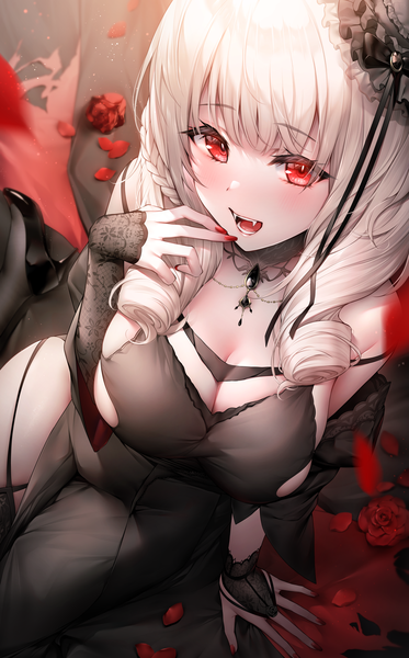 Anime picture 2976x4790 with azur lane luetzow (azur lane) lutzow (everlasting blood banquet) (azur lane) oyuwari single long hair tall image looking at viewer blush fringe highres breasts open mouth light erotic smile red eyes large breasts sitting cleavage white hair