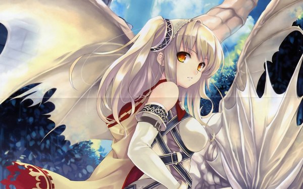 Anime picture 1680x1050 with misaki kurehito single looking at viewer blonde hair wide image bare shoulders orange eyes cropped girl wings hairband cloak dragon