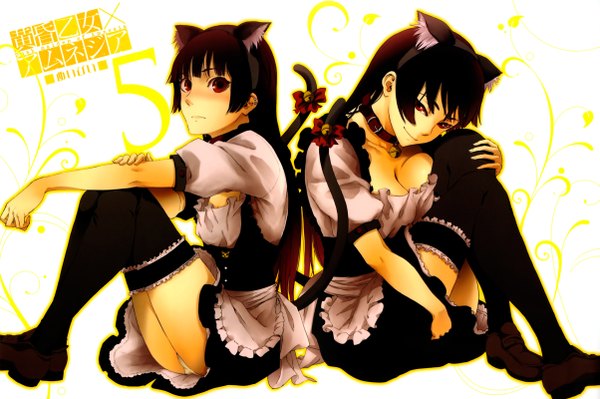 Anime picture 2405x1600 with tasogare otome x amnesia silver link kanoe yuuko kirie kanoe long hair blush highres breasts light erotic black hair red eyes large breasts sitting multiple girls animal ears tail animal tail cat ears maid cat girl