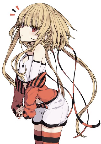 Anime-Bild 1062x1505 mit original paryi single long hair tall image looking at viewer blush fringe breasts simple background blonde hair hair between eyes red eyes standing white background twintails payot nail polish off shoulder open jacket