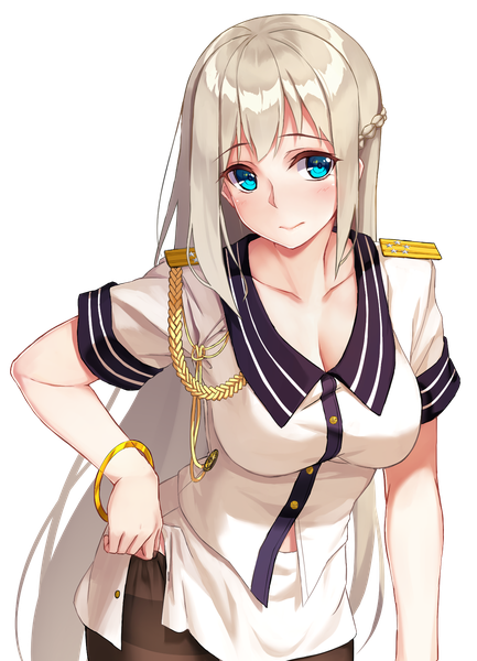 Anime picture 1215x1684 with warship girls r lexington (warship girls r) zi se single long hair tall image blush fringe breasts light erotic blonde hair large breasts payot looking away cleavage silver hair aqua eyes short sleeves leaning embarrassed
