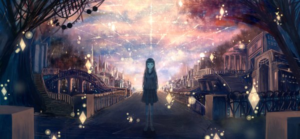 Anime picture 1960x910 with original bounin single long hair highres smile brown hair wide image brown eyes sky cloud (clouds) city cityscape girl uniform plant (plants) school uniform tree (trees) star (stars) thigh boots