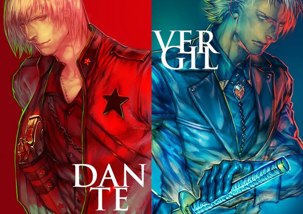 Anime picture 1000x707 with devil may cry dante (devil may cry) vergil etmisa short hair blonde hair red eyes aqua eyes realistic inscription multiple boys multiview boy gloves weapon shirt sword katana gun star (stars)