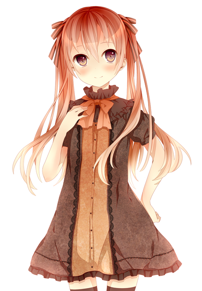 Anime picture 880x1268 with original satou (una-vittima) single long hair tall image looking at viewer blush simple background brown hair standing white background twintails brown eyes light smile zettai ryouiki girl thighhighs dress bow ribbon (ribbons)