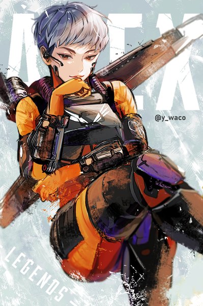 Anime picture 732x1100 with apex legends valkyrie (apex legends) wako (level5) single tall image looking at viewer short hair sitting signed silver hair orange eyes copyright name twitter username crossed legs girl bodysuit