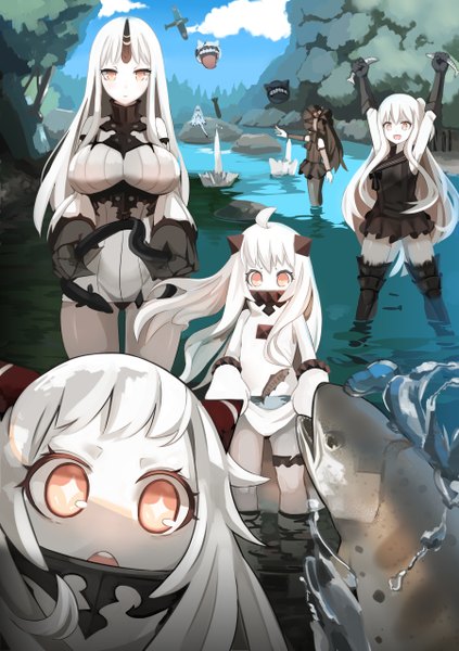 Anime-Bild 900x1275 mit kantai collection northern ocean hime seaport hime midway hime isolated island hime armored aircraft carrier oni nasubi (fian0202) long hair tall image looking at viewer blush open mouth light erotic black hair smile multiple girls holding looking away sky silver hair